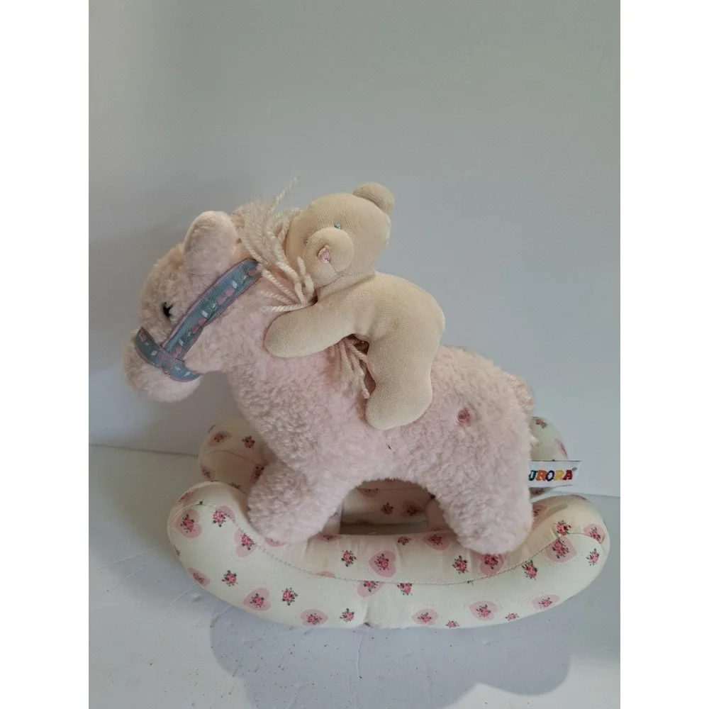 Baby Aurora Musical Rocking Horse Plush W/ Bear Pink‎ Floral Heart Victorian VTG